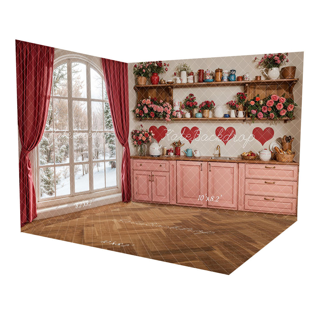 Kate Valentine Kitchen Floral Red Heart Room Set(8ftx8ft&10ftx8ft&8ftx10ft) - Kate Backdrop AU