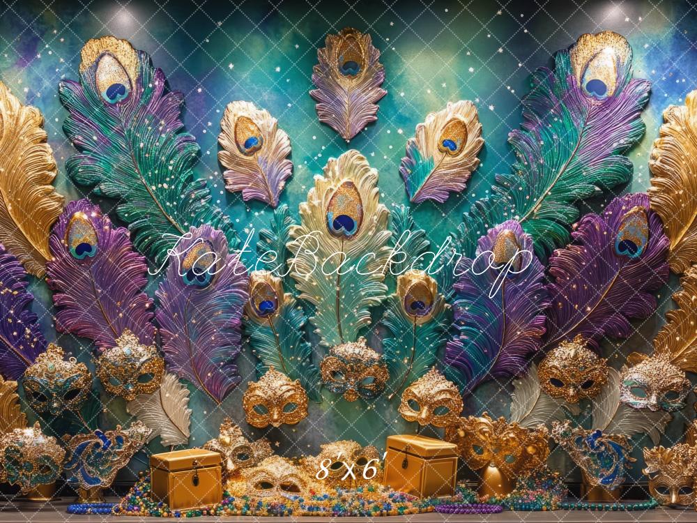 Kate Mardi Gras Peacock Feather Mask Wall Backdrop Designed by Mini MakeBelieve - Kate Backdrop AU