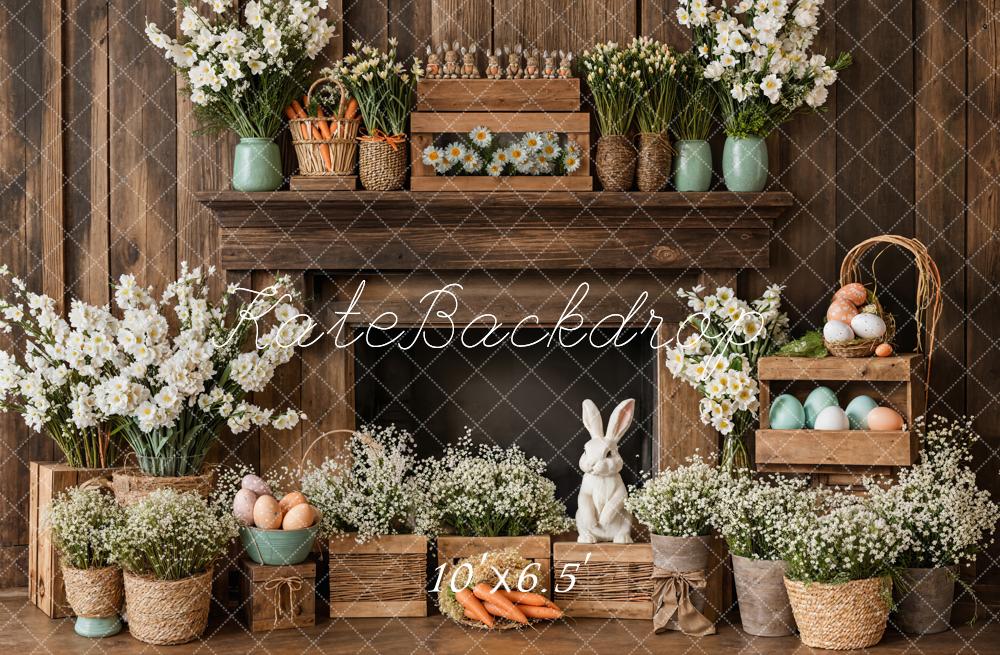 Kate Easter Fireplace Bunny Rustic Floral Backdrop Designed by Emetselch - Kate Backdrop AU