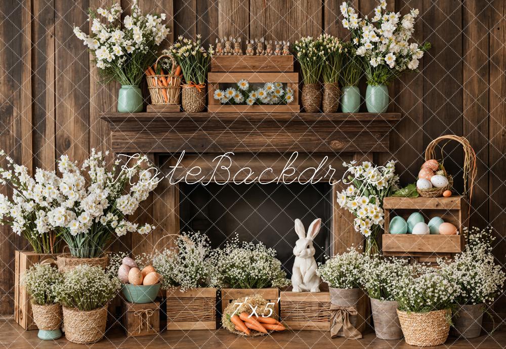 Kate Easter Fireplace Bunny Rustic Floral Backdrop Designed by Emetselch - Kate Backdrop AU
