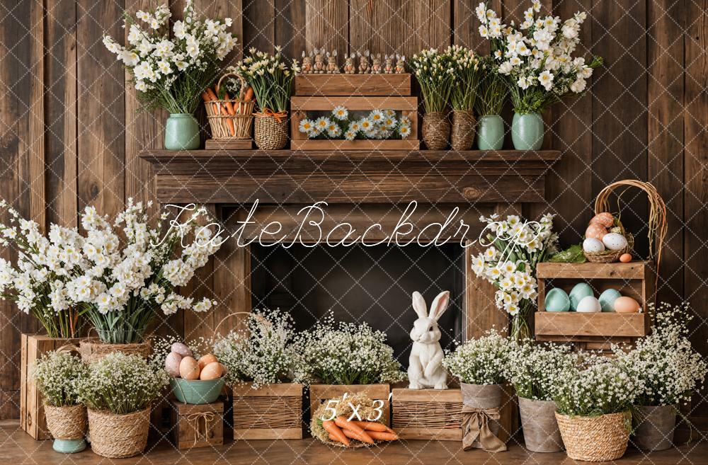 Kate Easter Fireplace Bunny Rustic Floral Backdrop Designed by Emetselch - Kate Backdrop AU