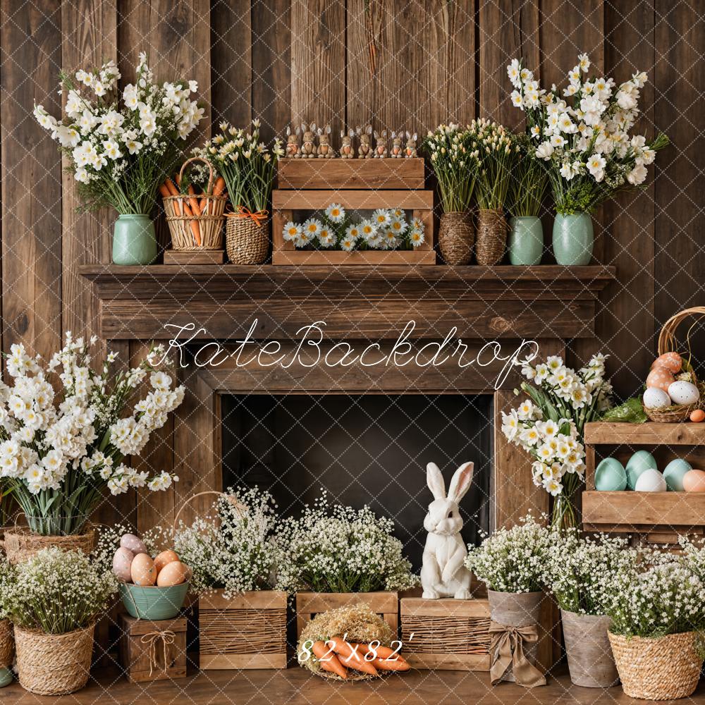 Kate Easter Fireplace Bunny Rustic Floral Backdrop Designed by Emetselch - Kate Backdrop AU