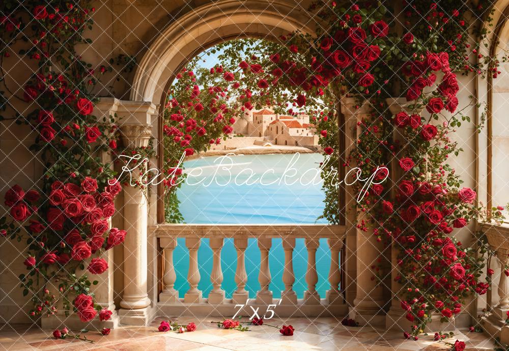 Kate Valentine Roses Arch Balcony Lake Backdrop Designed by Emetselch - Kate Backdrop AU