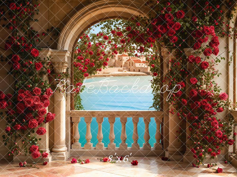 Kate Valentine Roses Arch Balcony Lake Backdrop Designed by Emetselch - Kate Backdrop AU