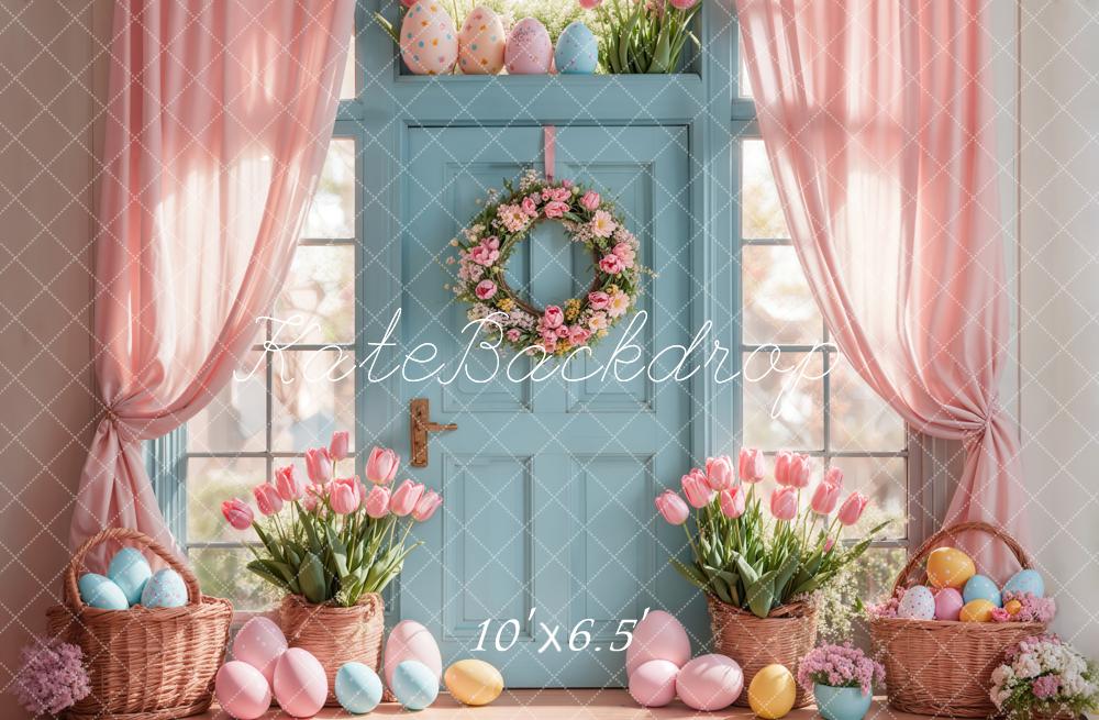 Kate Easter Egg Backdrop Pink Tulips Curtain Blue Door Designed by Emetselch - Kate Backdrop AU
