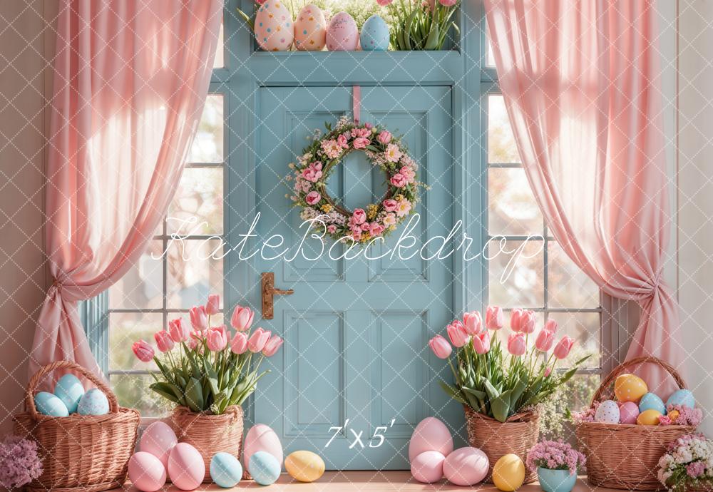 Kate Easter Egg Backdrop Pink Tulips Curtain Blue Door Designed by Emetselch - Kate Backdrop AU