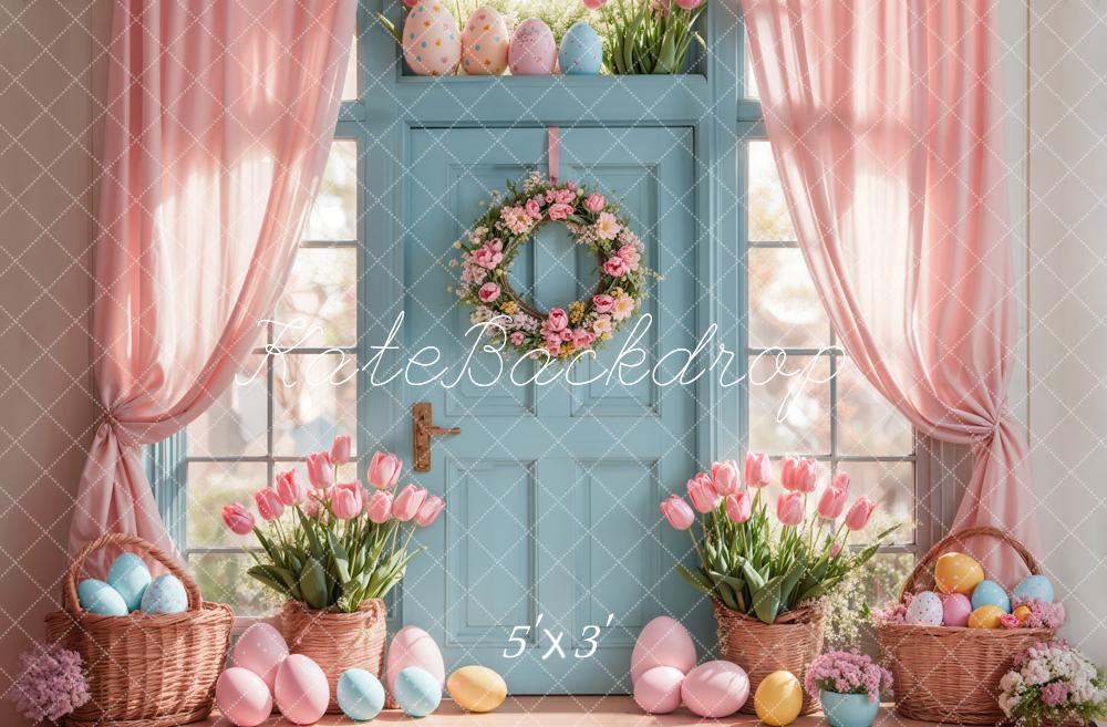 Kate Easter Egg Backdrop Pink Tulips Curtain Blue Door Designed by Emetselch - Kate Backdrop AU