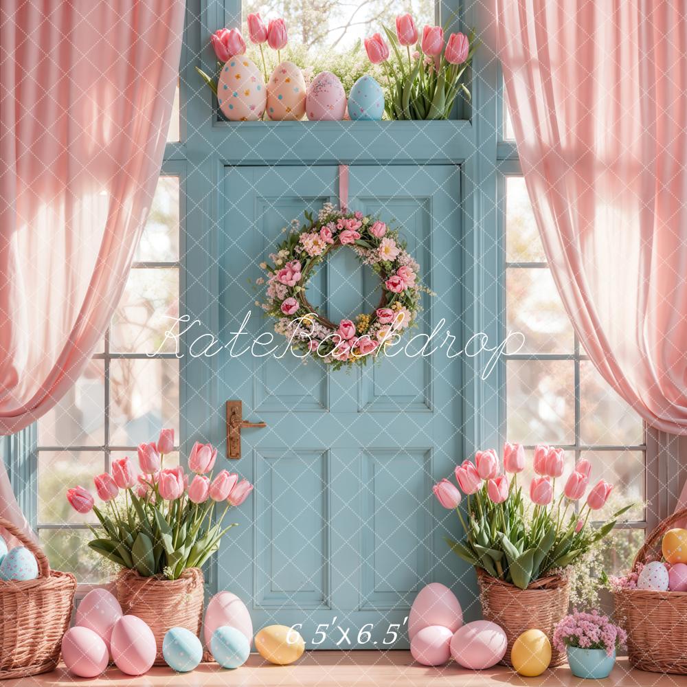 Kate Easter Egg Backdrop Pink Tulips Curtain Blue Door Designed by Emetselch - Kate Backdrop AU