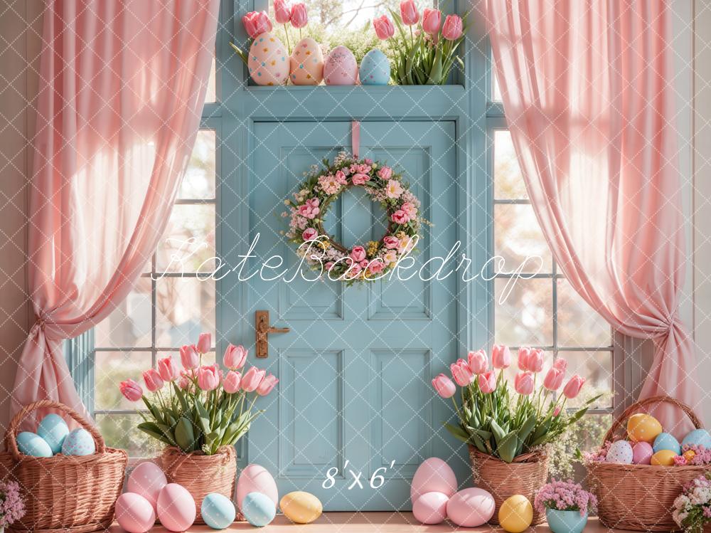 Kate Easter Egg Backdrop Pink Tulips Curtain Blue Door Designed by Emetselch - Kate Backdrop AU