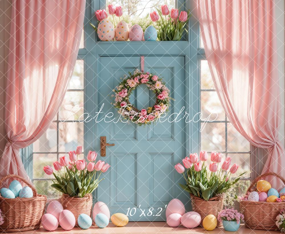 Kate Easter Egg Backdrop Pink Tulips Curtain Blue Door Designed by Emetselch - Kate Backdrop AU