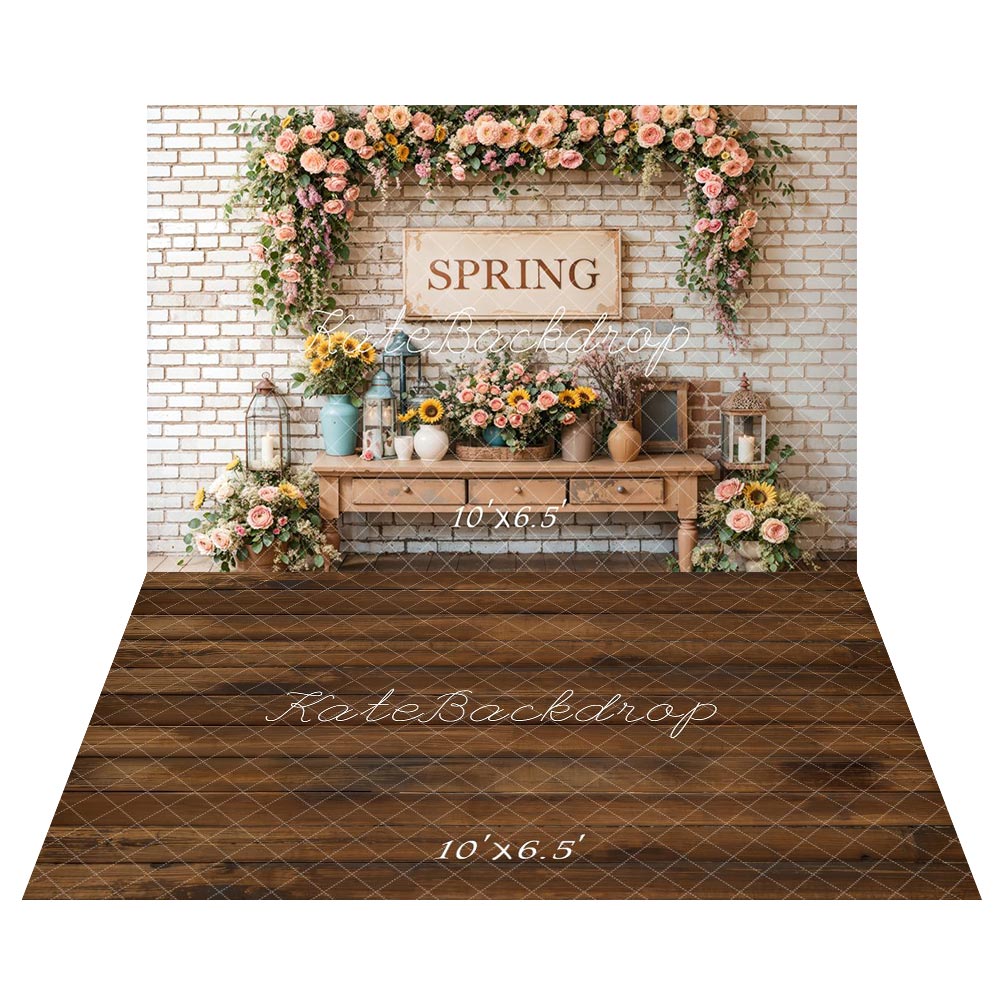 Kate Spring Floral Vintage Brick Wall Backdrop+Brown Wooden Floor Backdrop - Kate Backdrop AU