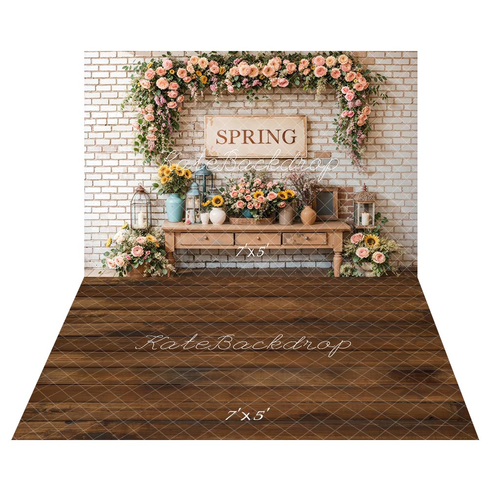Kate Spring Floral Vintage Brick Wall Backdrop+Brown Wooden Floor Backdrop - Kate Backdrop AU