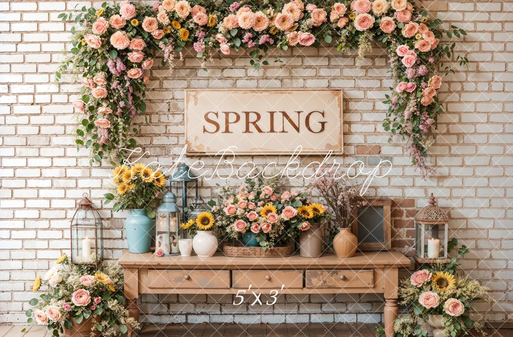 Kate Spring Floral Vintage Brick Wall Backdrop Designed by Emetselch - Kate Backdrop AU