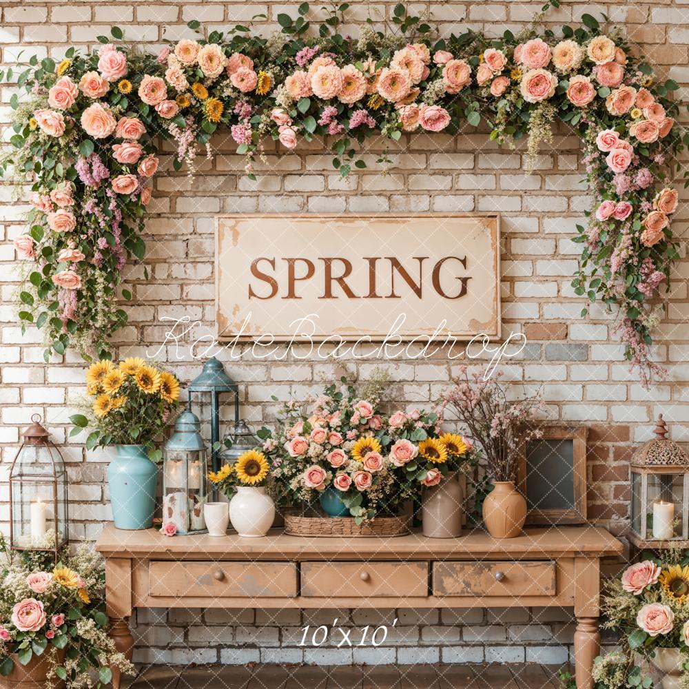 Kate Spring Floral Vintage Brick Wall Backdrop Designed by Emetselch - Kate Backdrop AU