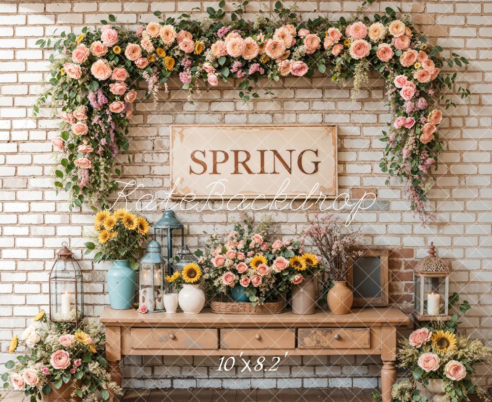 Kate Spring Floral Vintage Brick Wall Backdrop Designed by Emetselch - Kate Backdrop AU