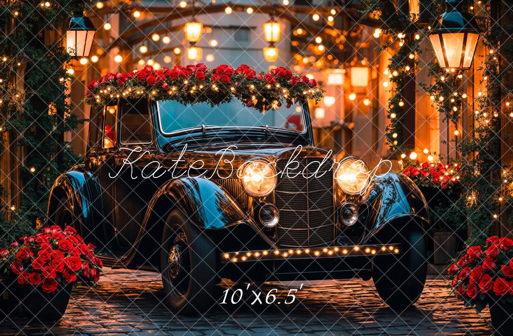 Kate Valentine Vintage Car Roses Lights Backdrop Designed by Emetselch - Kate Backdrop AU