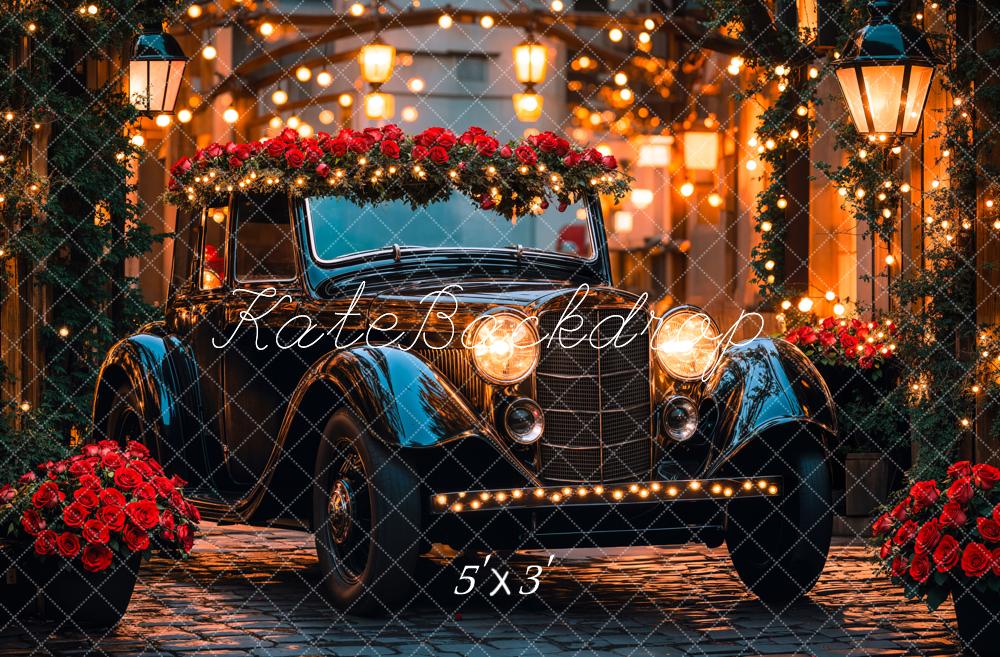 Kate Valentine Vintage Car Roses Lights Backdrop Designed by Emetselch - Kate Backdrop AU