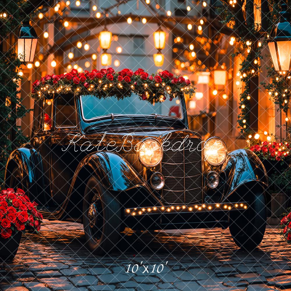 Kate Valentine Vintage Car Roses Lights Backdrop Designed by Emetselch - Kate Backdrop AU