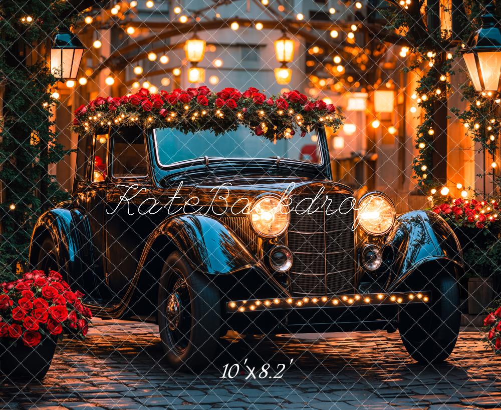 Kate Valentine Vintage Car Roses Lights Backdrop Designed by Emetselch - Kate Backdrop AU