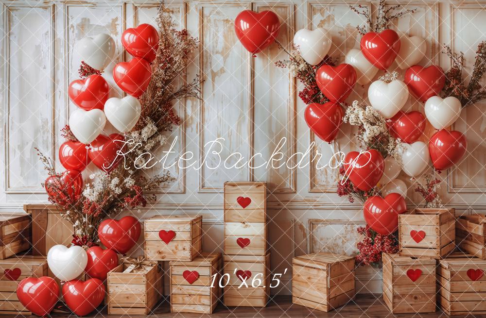 Kate Valentine's Day Balloon Backdrop Vintage Wooden Wall Designed by Emetselch - Kate Backdrop AU