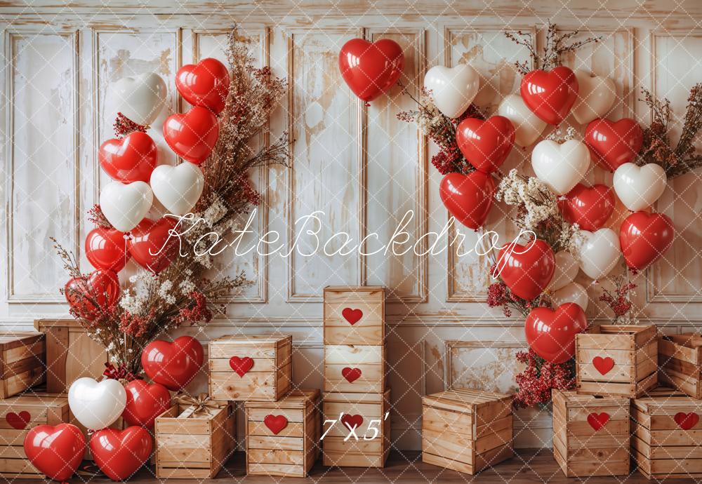 Kate Valentine's Day Balloon Backdrop Vintage Wooden Wall Designed by Emetselch - Kate Backdrop AU
