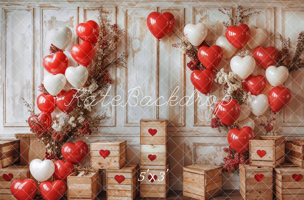 Kate Valentine's Day Balloon Backdrop Vintage Wooden Wall Designed by Emetselch - Kate Backdrop AU