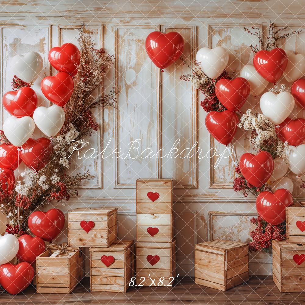 Kate Valentine's Day Balloon Backdrop Vintage Wooden Wall Designed by Emetselch - Kate Backdrop AU