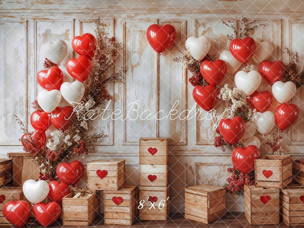 Kate Valentine's Day Balloon Backdrop Vintage Wooden Wall Designed by Emetselch - Kate Backdrop AU