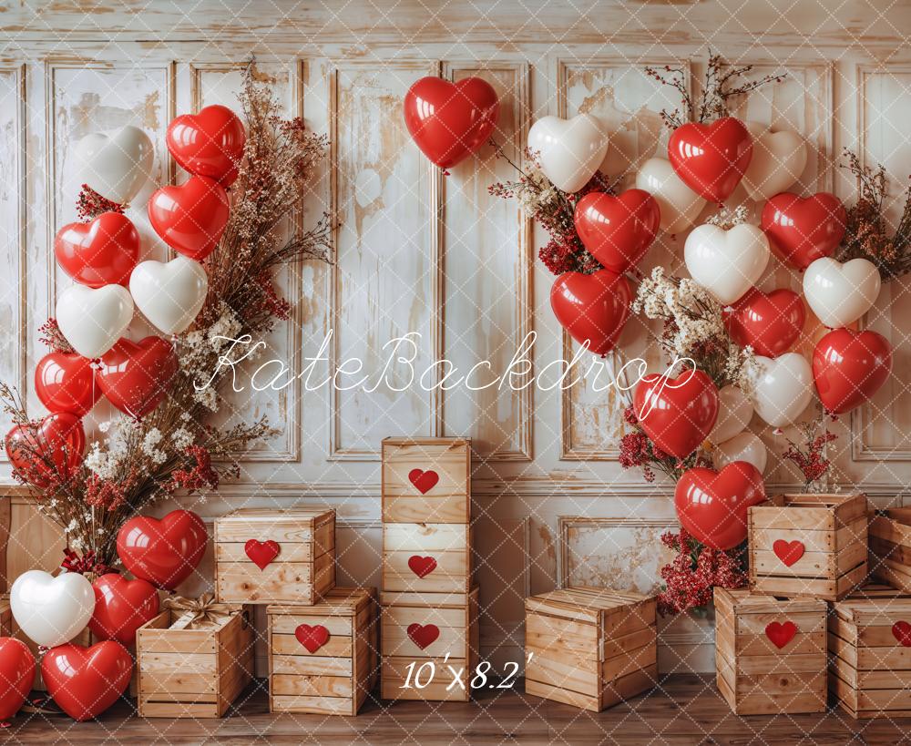 Kate Valentine's Day Balloon Backdrop Vintage Wooden Wall Designed by Emetselch - Kate Backdrop AU