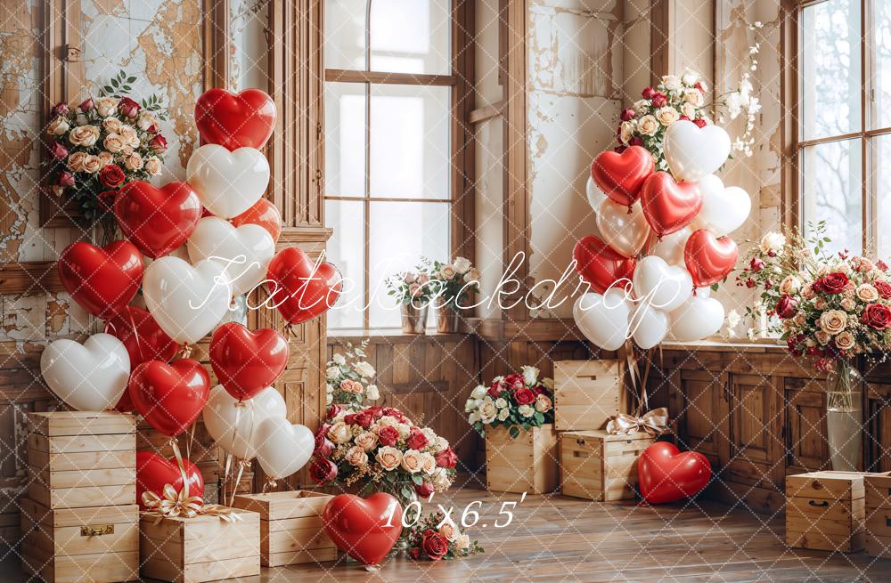 Kate Valentine Heart Balloons Wooden Vintage Backdrop Designed by Emetselch - Kate Backdrop AU