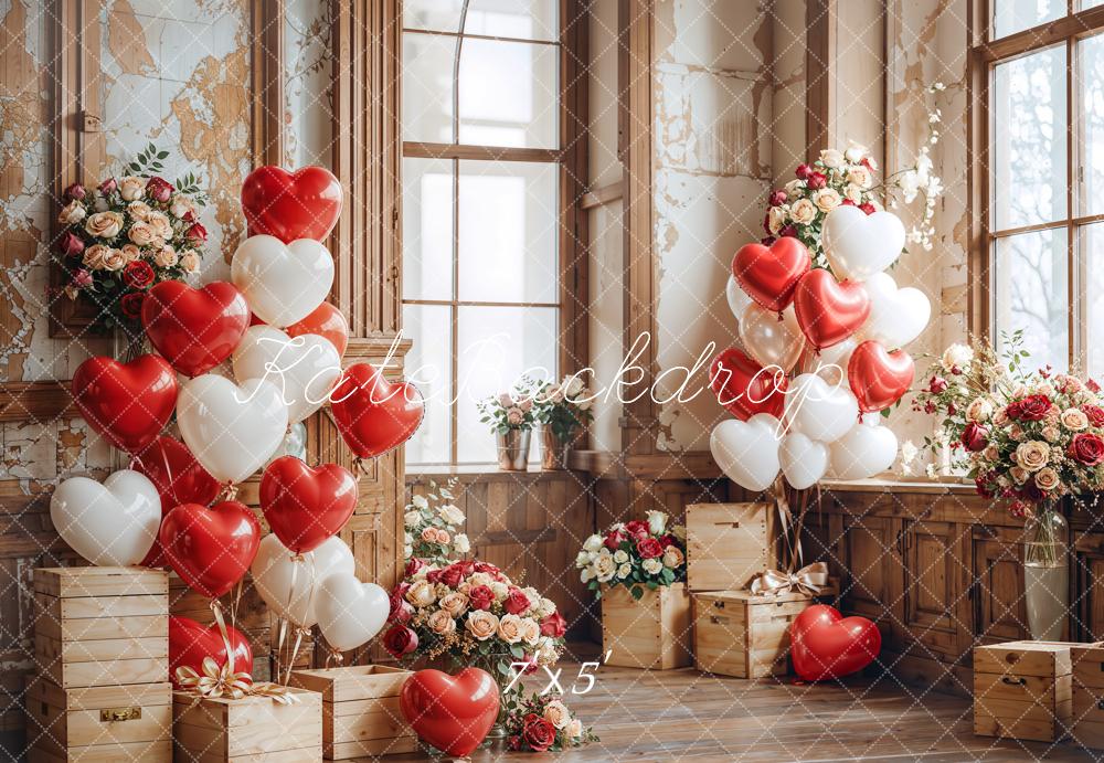 Kate Valentine Heart Balloons Wooden Vintage Backdrop Designed by Emetselch - Kate Backdrop AU