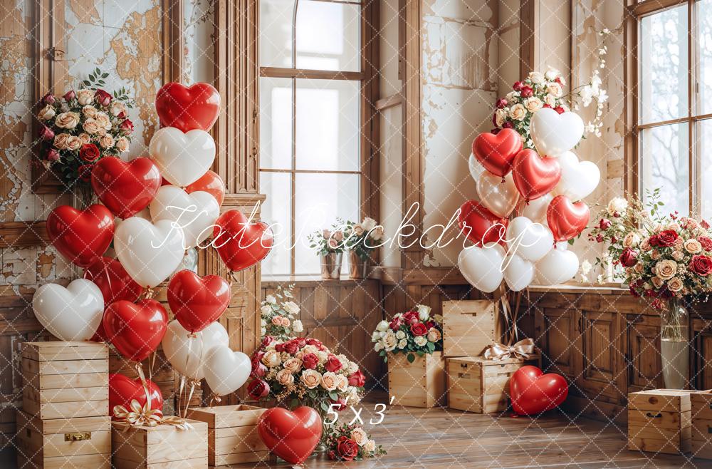 Kate Valentine Heart Balloons Wooden Vintage Backdrop Designed by Emetselch - Kate Backdrop AU