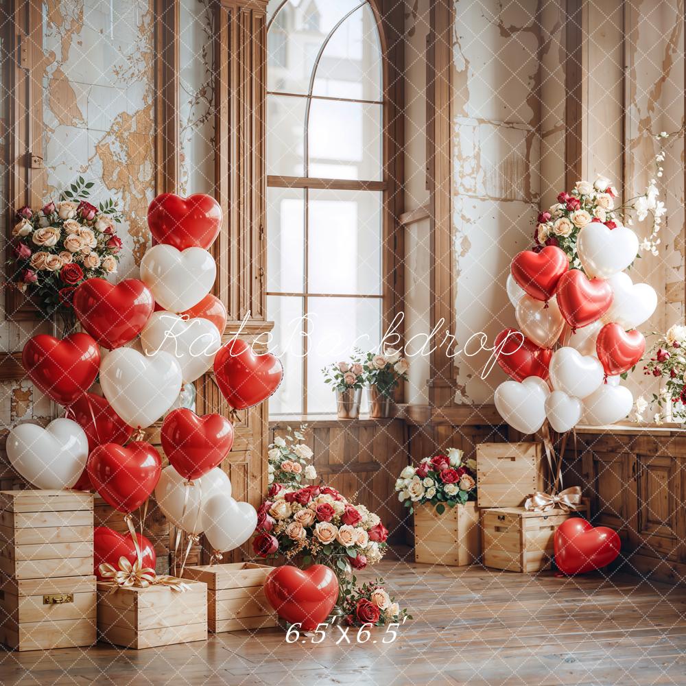 Kate Valentine Heart Balloons Wooden Vintage Backdrop Designed by Emetselch - Kate Backdrop AU