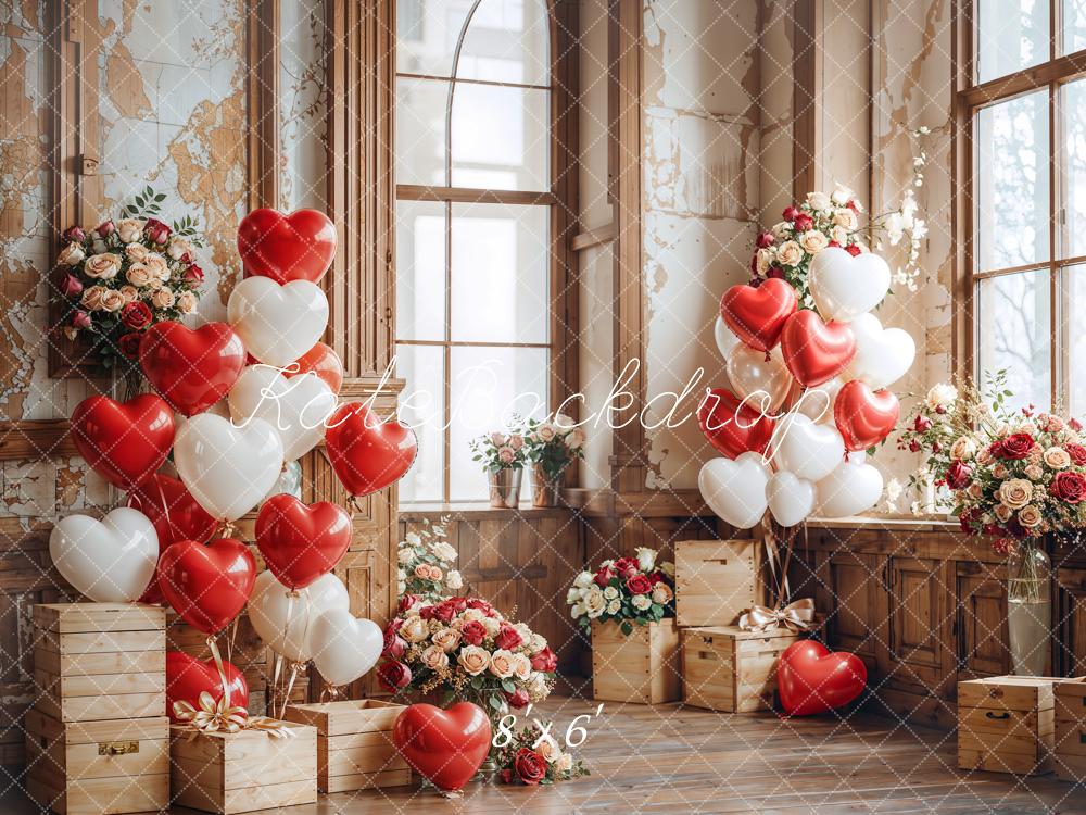Kate Valentine Heart Balloons Wooden Vintage Backdrop Designed by Emetselch - Kate Backdrop AU