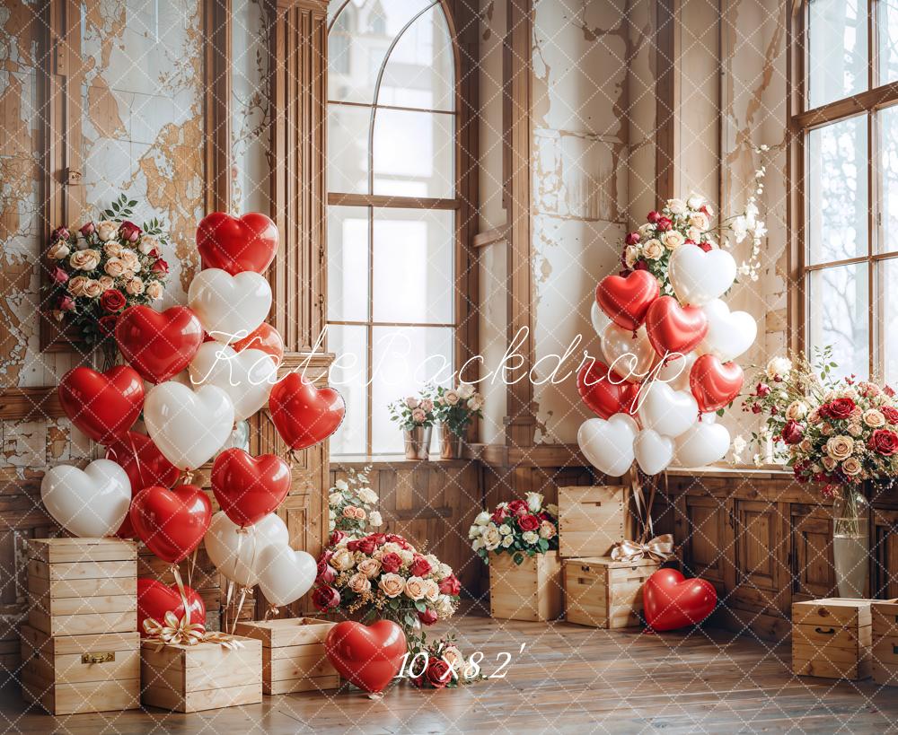 Kate Valentine Heart Balloons Wooden Vintage Backdrop Designed by Emetselch - Kate Backdrop AU