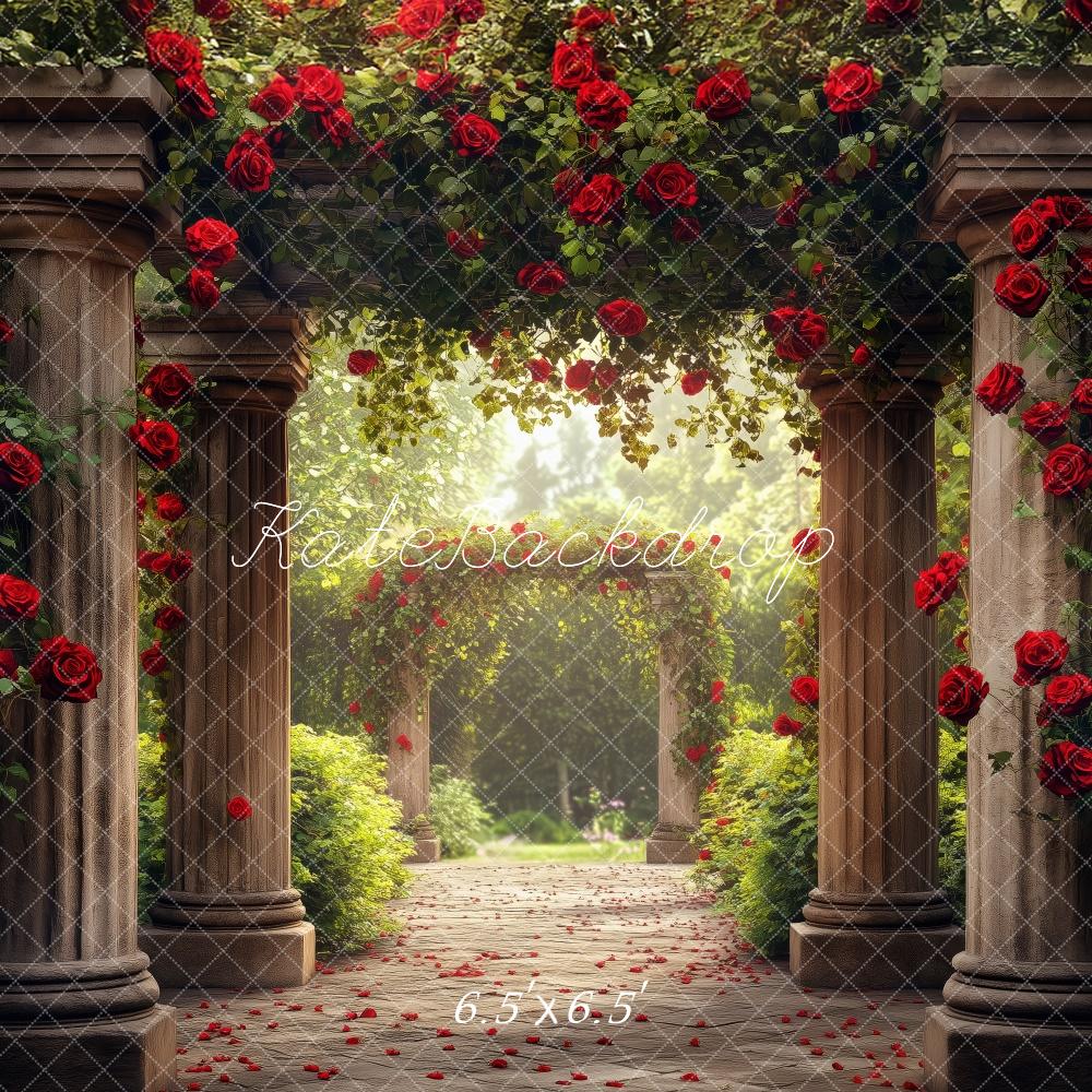 Kate Romantic Garden Arch Red Roses Sunlit Pathway Backdrop Designed by Patty Roberts - Kate Backdrop AU