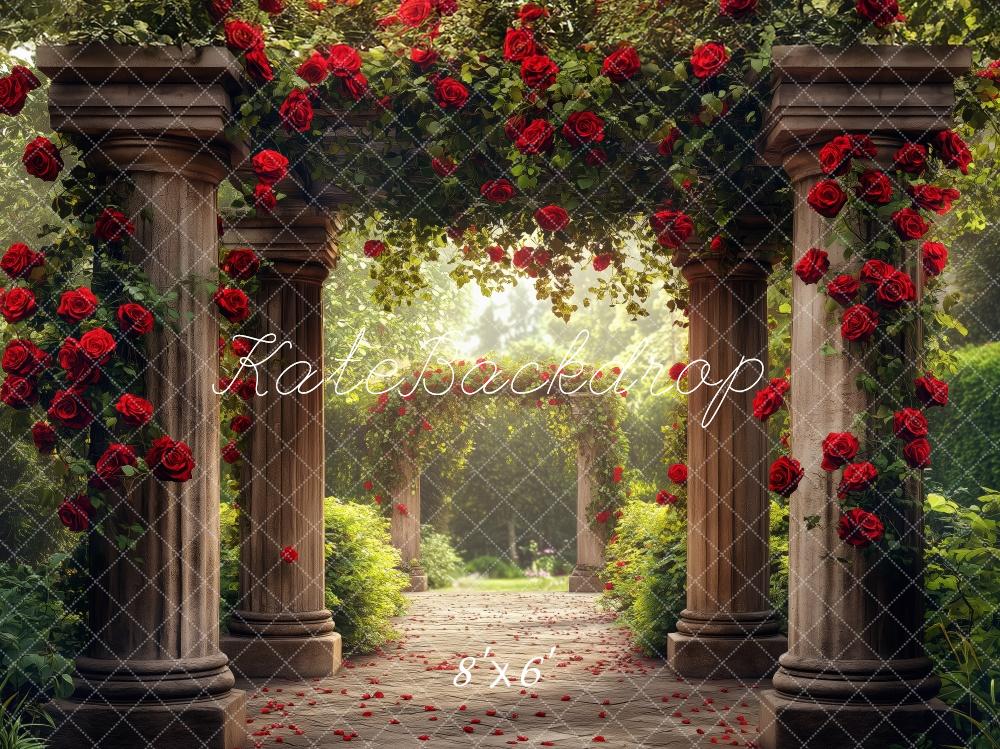 Kate Romantic Garden Arch Red Roses Sunlit Pathway Backdrop Designed by Patty Roberts - Kate Backdrop AU