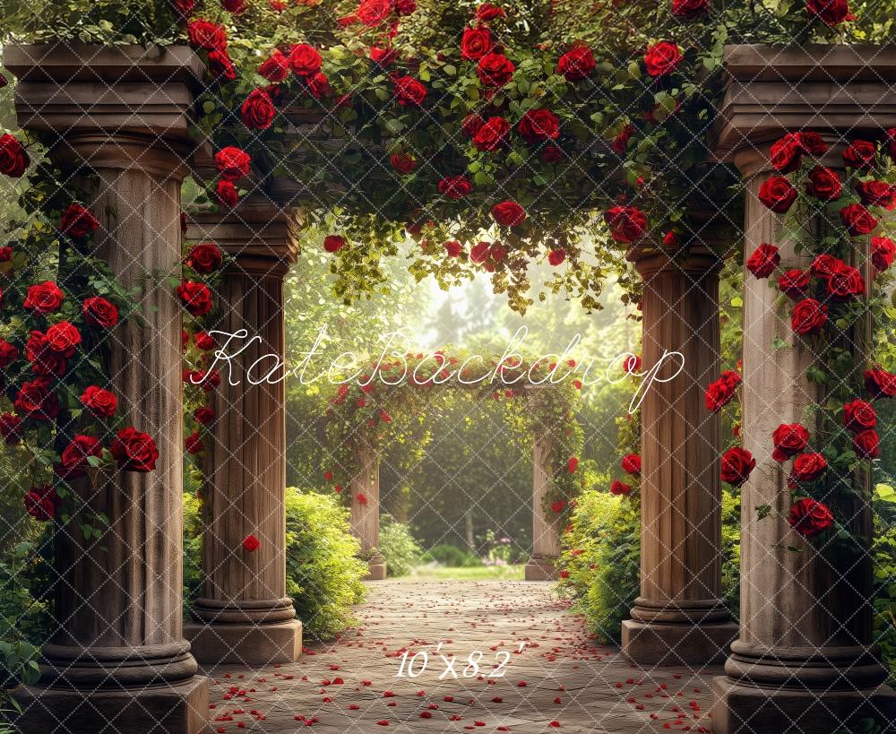 Kate Romantic Garden Arch Red Roses Sunlit Pathway Backdrop Designed by Patty Roberts - Kate Backdrop AU