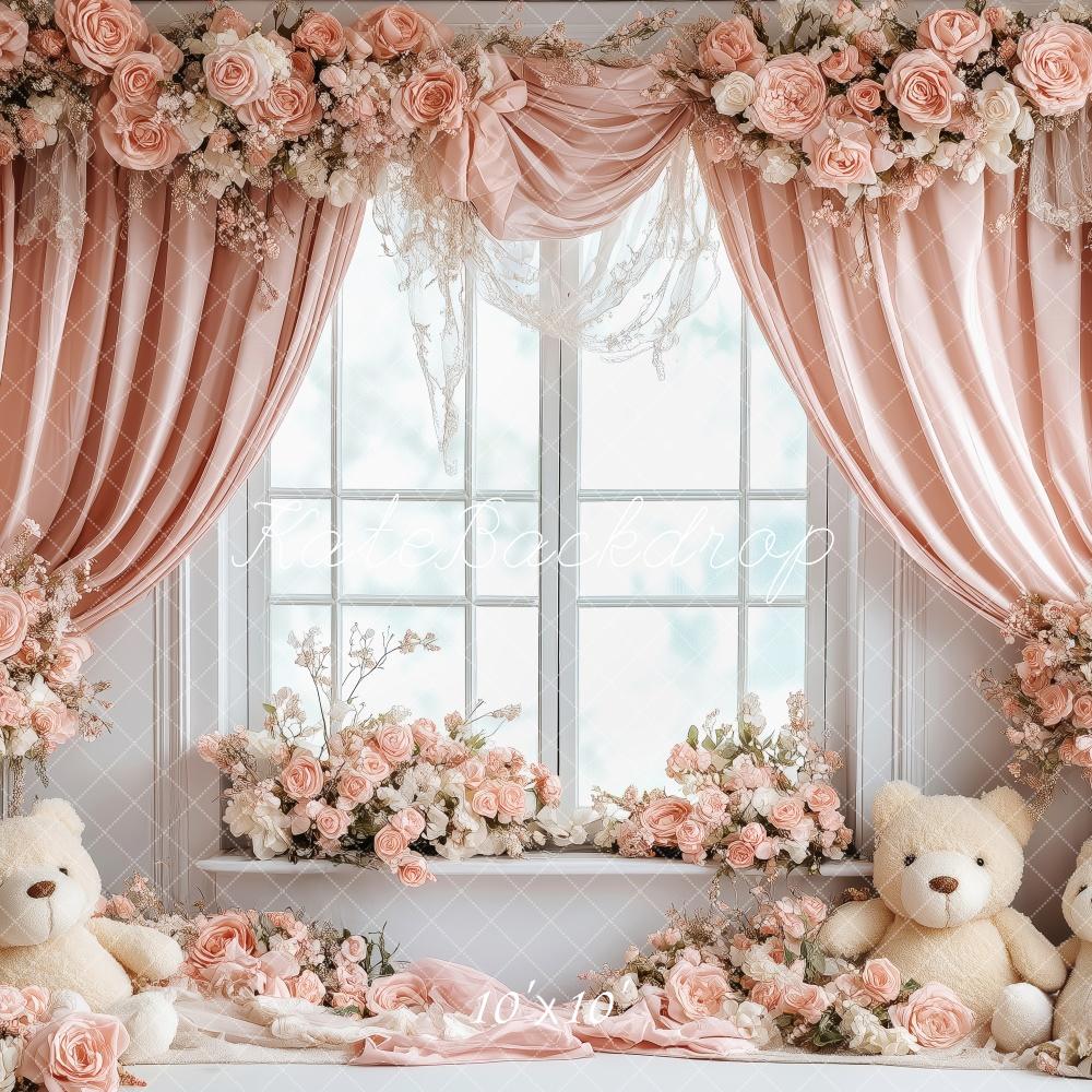 Kate Valentine Nursery Bears Pink Roses Backdrop Designed by Patty Roberts - Kate Backdrop AU