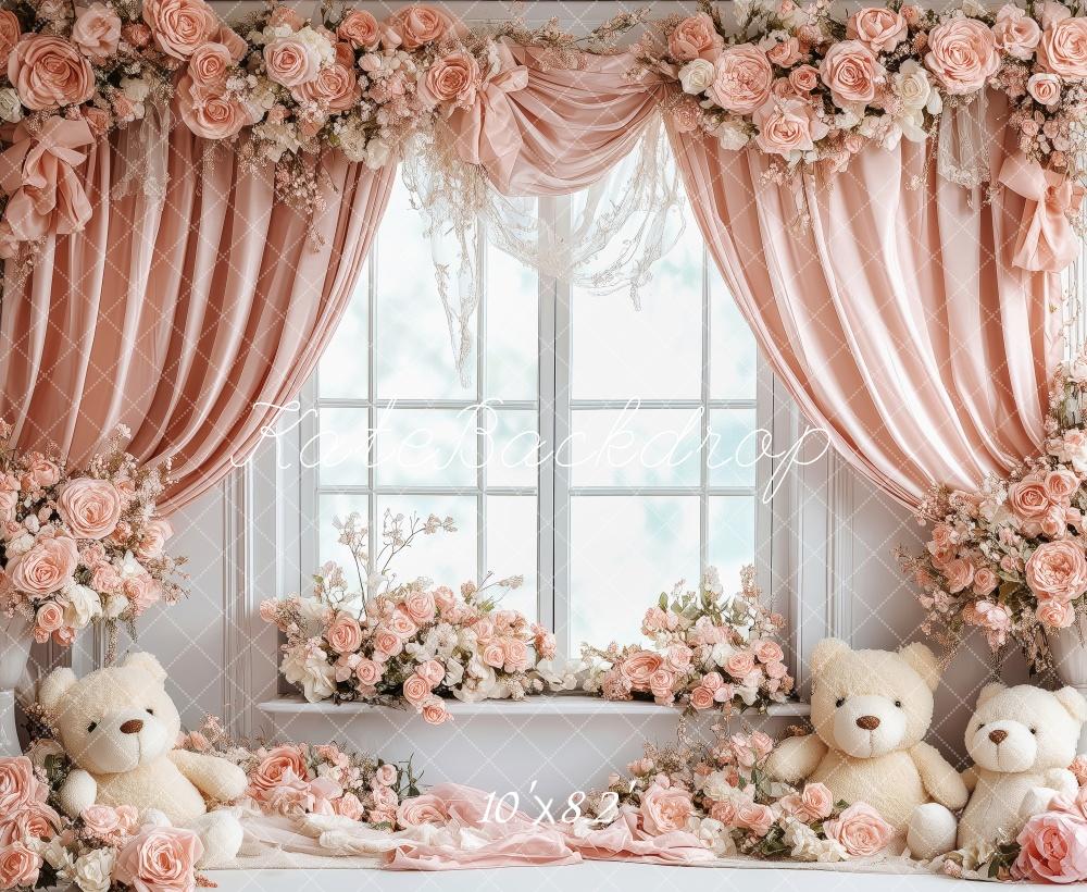 Kate Valentine Nursery Bears Pink Roses Backdrop Designed by Patty Roberts - Kate Backdrop AU