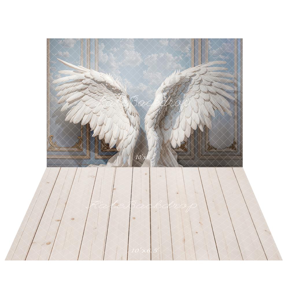 Kate Fantasy Angel Wings Vintage Wall Backdrop+Beige Wood Plank Floor Backdrop - Kate Backdrop AU