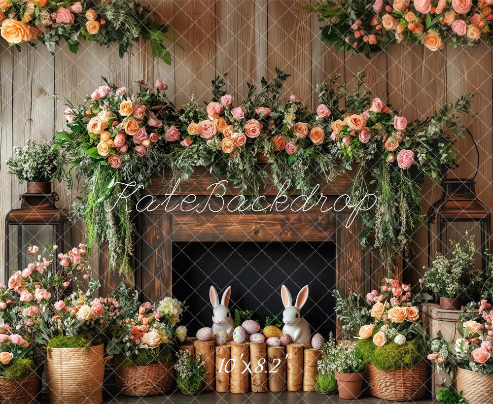Kate Floral Rustic Easter Fireplace Backdrop Designed by Patty Roberts - Kate Backdrop AU