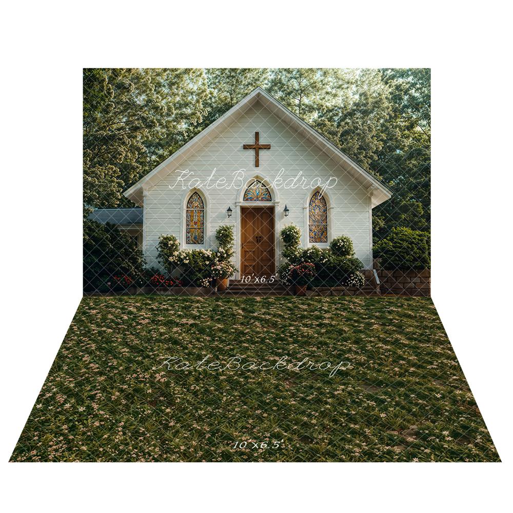 Kate Church Outdoor Garden House Backdrop+Spring Green Floral Meadow Floor Backdrop - Kate Backdrop AU