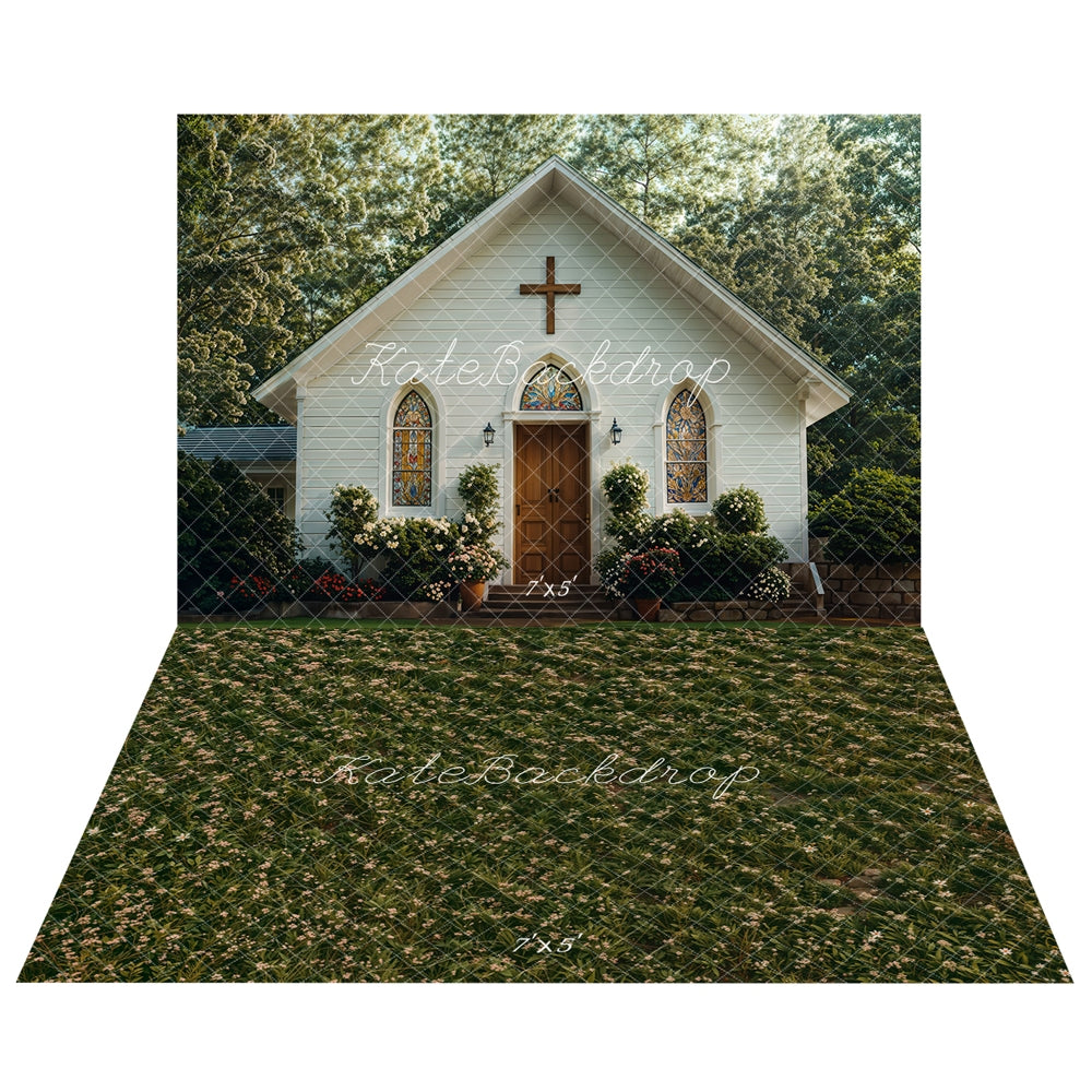 Kate Church Outdoor Garden House Backdrop+Spring Green Floral Meadow Floor Backdrop - Kate Backdrop AU