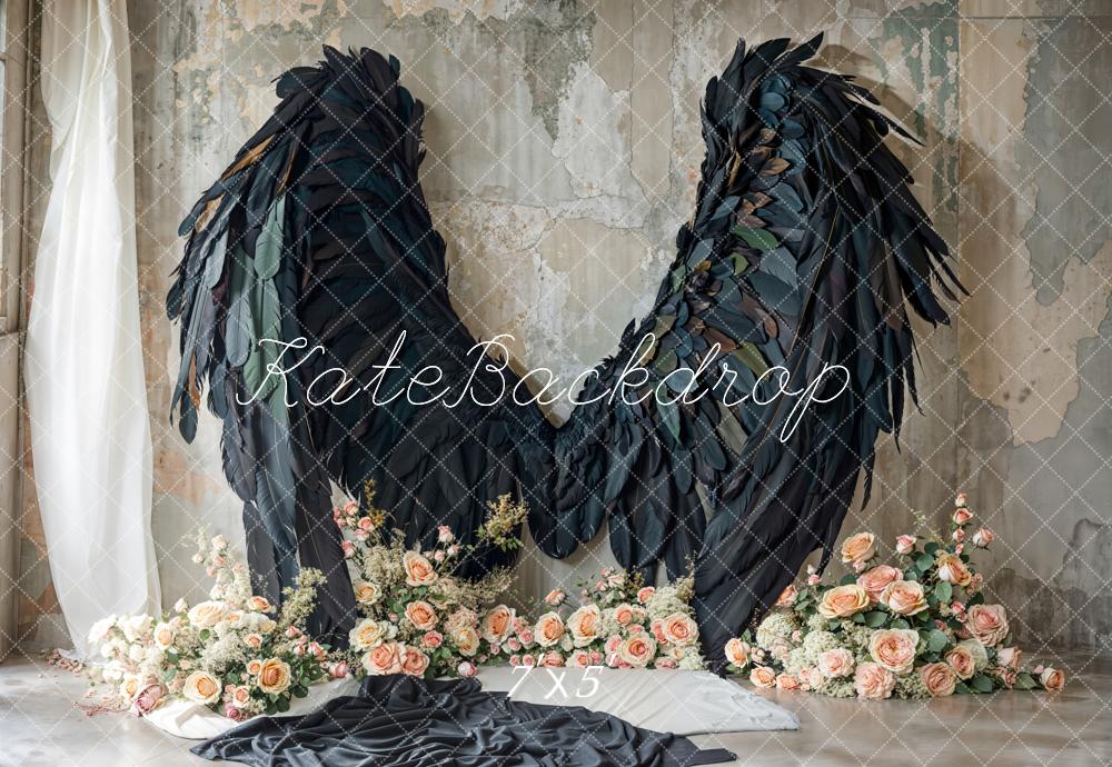 Kate Black Angel Wings Floral Backdrop Designed by Emetselch - Kate Backdrop AU