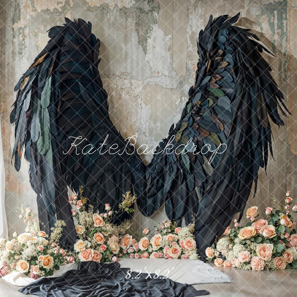 Kate Black Angel Wings Floral Backdrop Designed by Emetselch - Kate Backdrop AU
