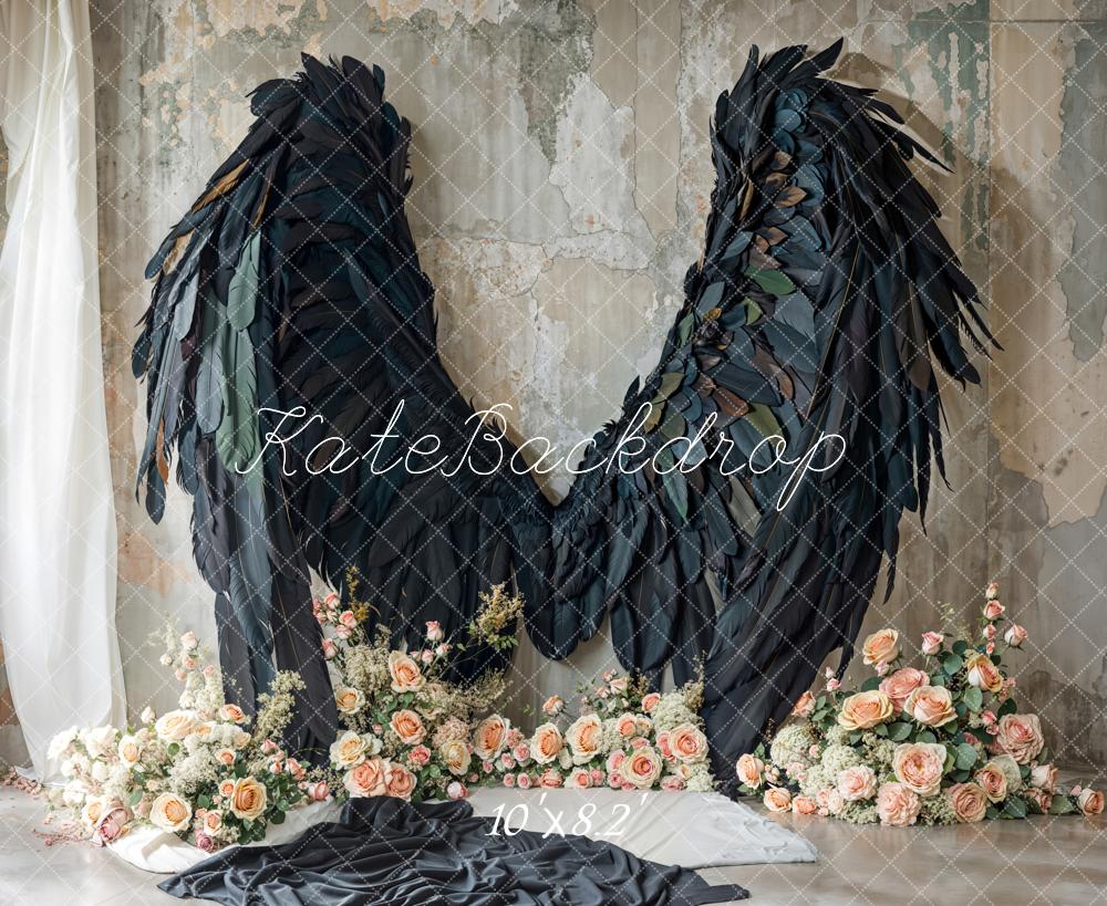 Kate Black Angel Wings Floral Backdrop Designed by Emetselch - Kate Backdrop AU