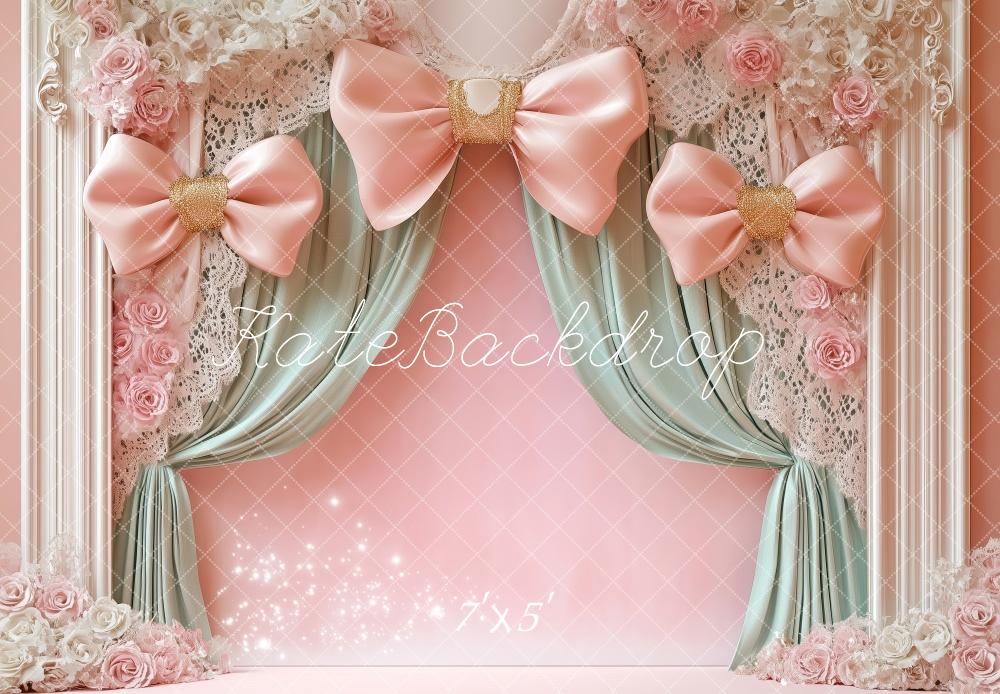 Kate Birthday Pink Bow Curtain Floral Backdrop Designed by Patty Roberts - Kate Backdrop AU
