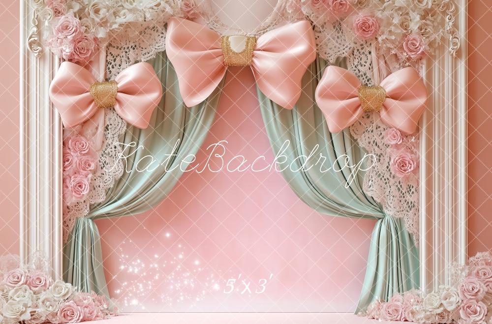 Kate Birthday Pink Bow Curtain Floral Backdrop Designed by Patty Roberts - Kate Backdrop AU
