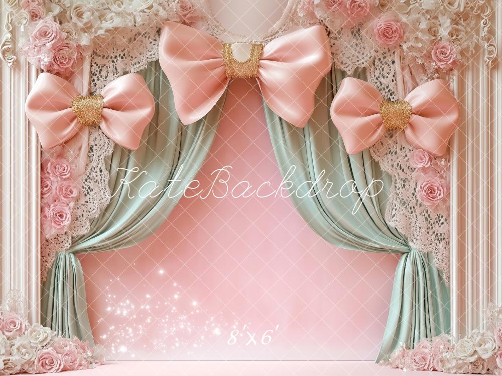 Kate Birthday Pink Bow Curtain Floral Backdrop Designed by Patty Roberts - Kate Backdrop AU